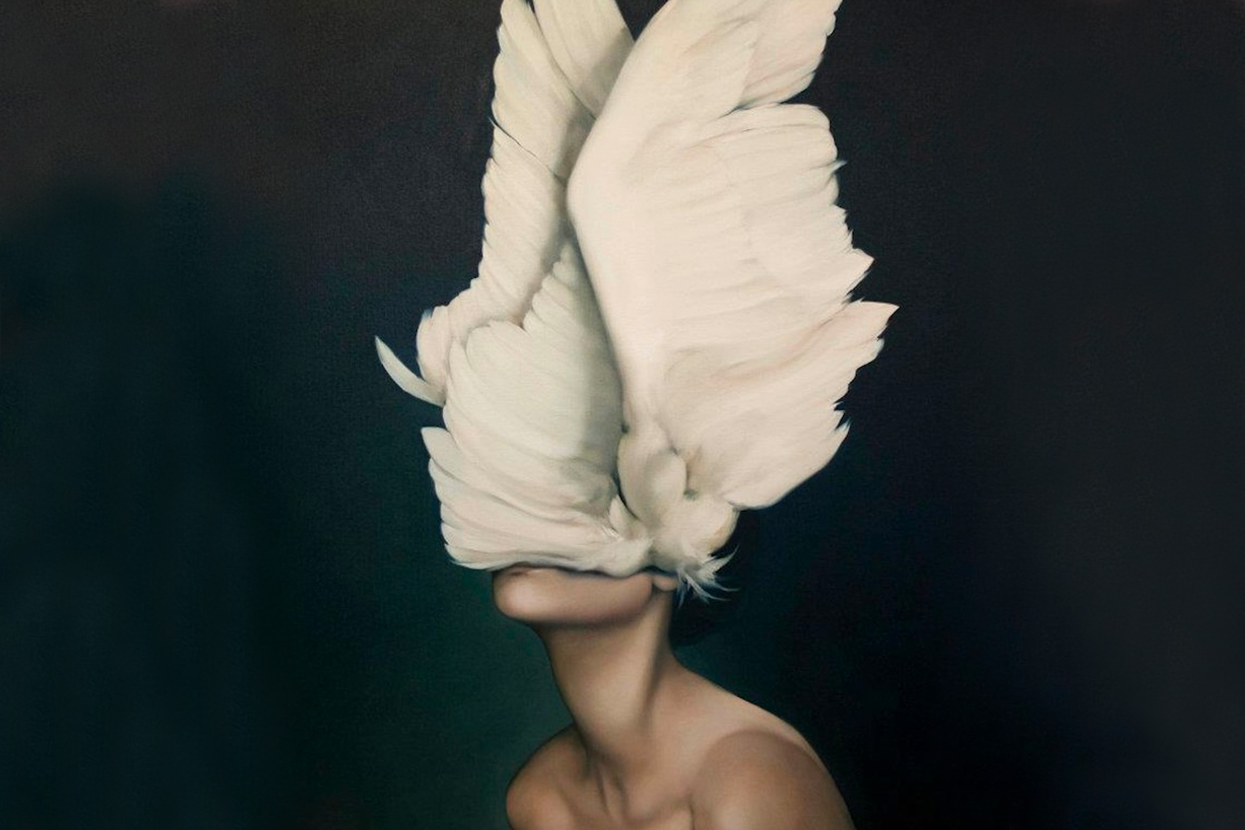 Woman with doves on her face, the act of breaking free